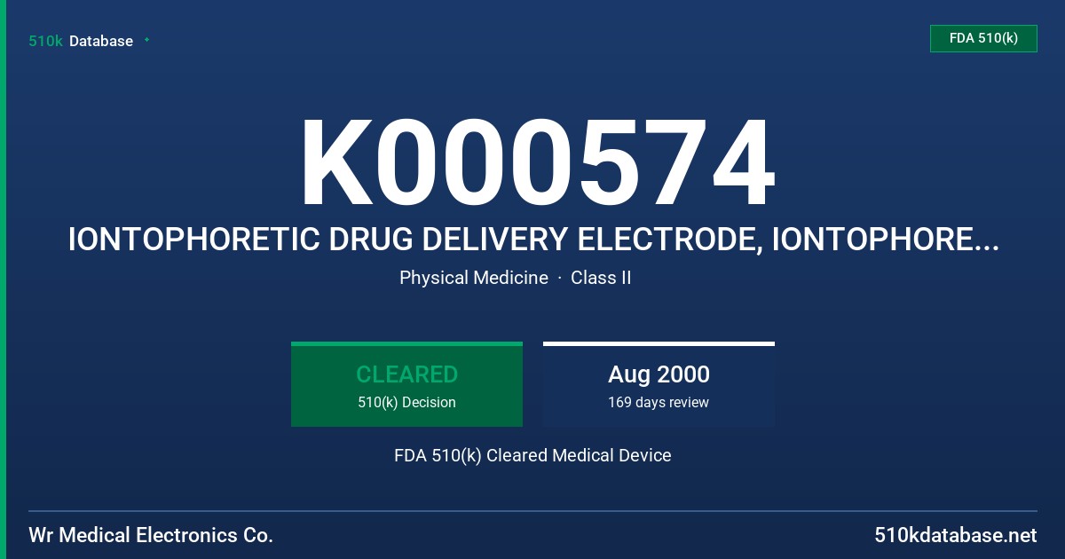 K000574 IONTOPHORETIC DRUG DELIVERY ELECTRODE, IONTOPHORETIC ELECTRODE (ACTIVE) FDA 510(k) Cleared Medical Device