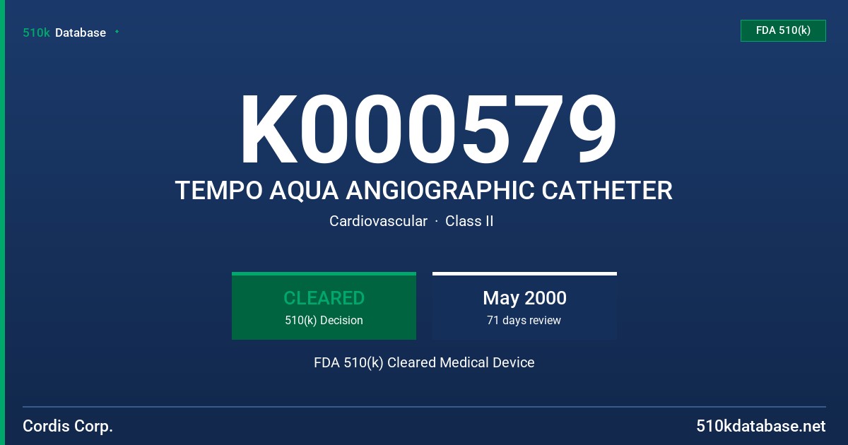 K000579 TEMPO AQUA ANGIOGRAPHIC CATHETER FDA 510(k) Cleared Medical Device