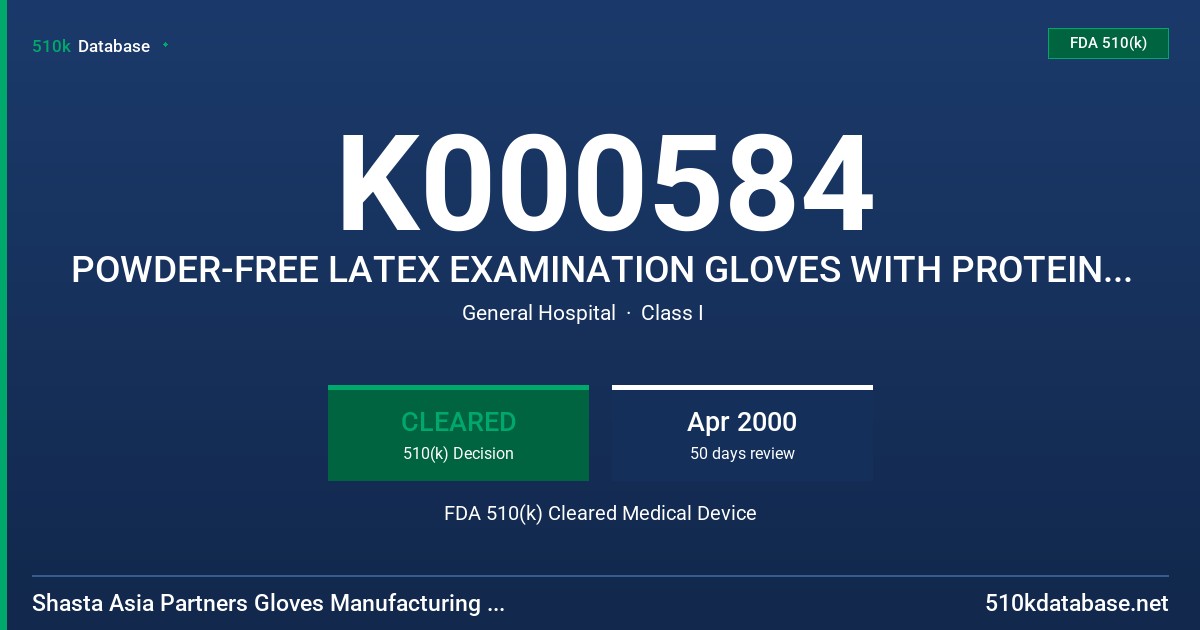 K000584 POWDER-FREE LATEX EXAMINATION GLOVES WITH PROTEIN CONTENT LABELING CLAIM (50 MICROGRAMS OR LESS) FDA 510(k) Cleared Medical Device