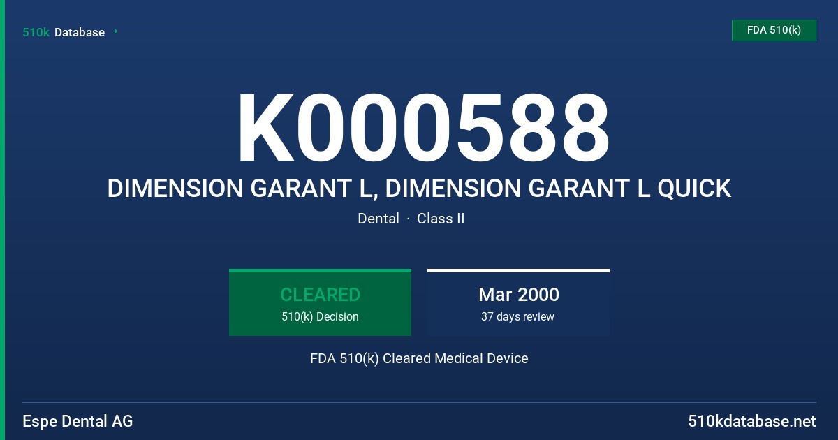 K000588 DIMENSION GARANT L, DIMENSION GARANT L QUICK FDA 510(k) Cleared Medical Device