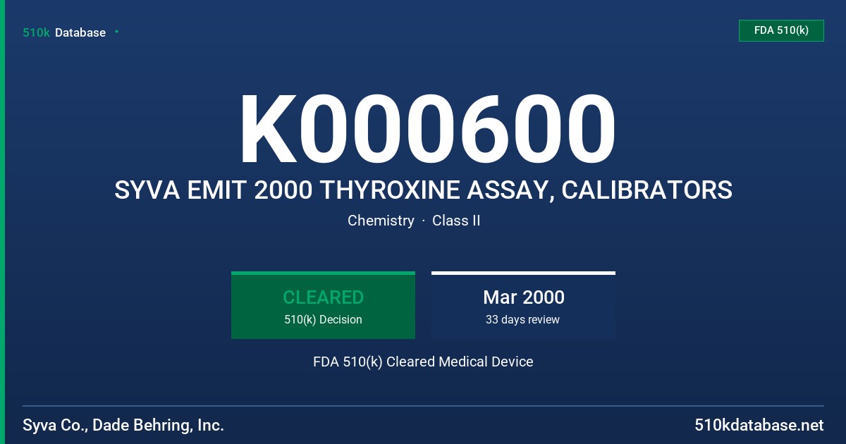 K000600 SYVA EMIT 2000 THYROXINE ASSAY, CALIBRATORS FDA 510(k) Cleared Medical Device