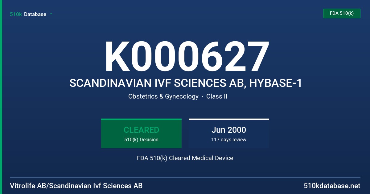 K000627 SCANDINAVIAN IVF SCIENCES AB, HYBASE-1 FDA 510(k) Cleared Medical Device