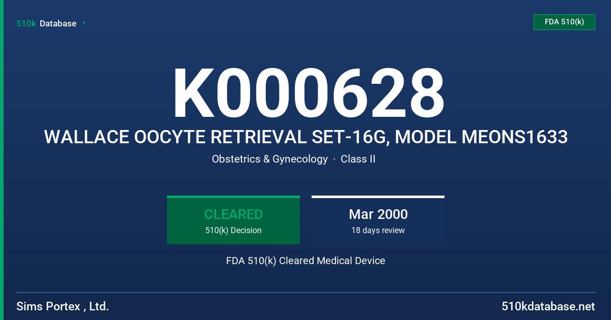 K000628 WALLACE OOCYTE RETRIEVAL SET-16G, MODEL MEONS1633 FDA 510(k) Cleared Medical Device