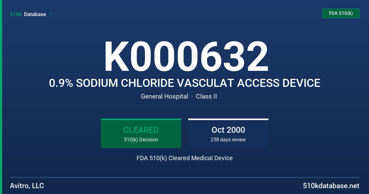 K000632 0.9% SODIUM CHLORIDE VASCULAT ACCESS DEVICE FDA 510(k) Cleared Medical Device