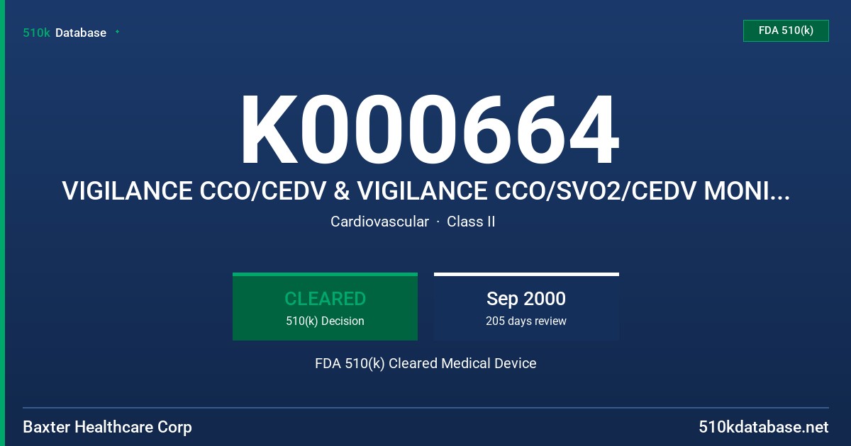 K000664 VIGILANCE CCO/CEDV & VIGILANCE CCO/SVO2/CEDV MONITORS FDA 510(k) Cleared Medical Device