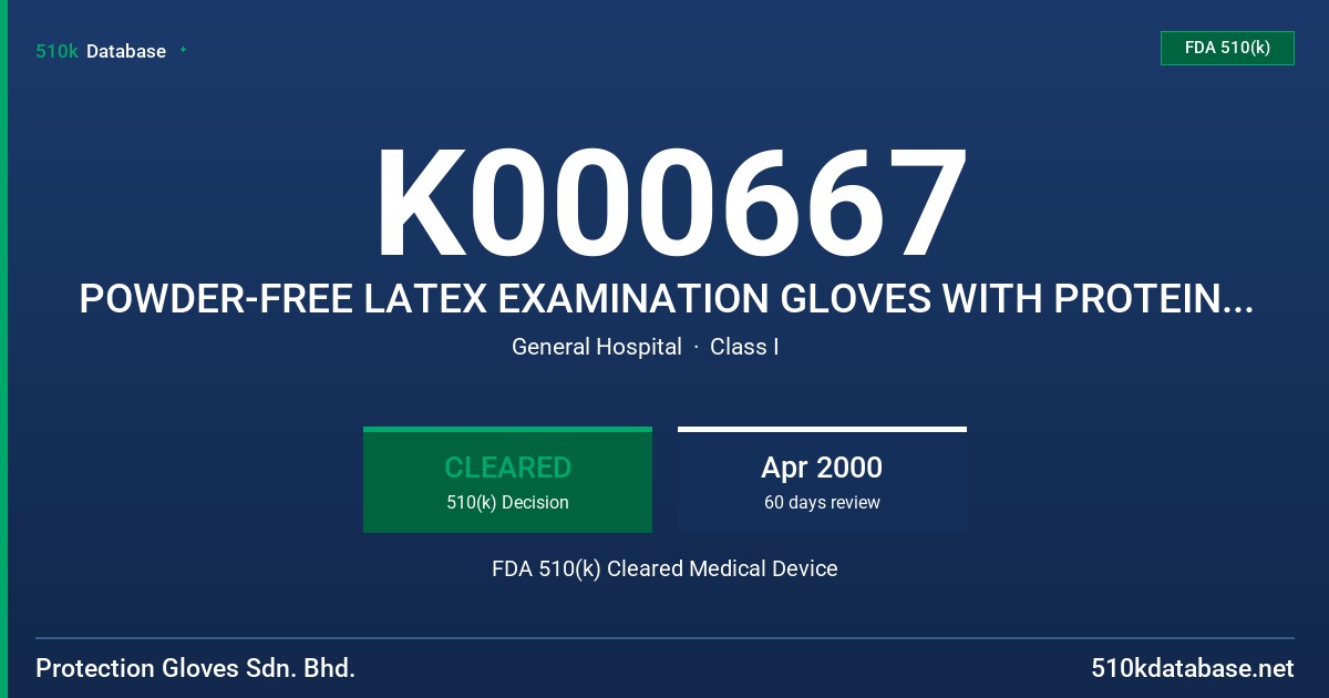 K000667 POWDER-FREE LATEX EXAMINATION GLOVES WITH PROTEIN LABEL CLAIM CONTAINS 50 MICROGRAMS OR LESS OF TOTAL WATER LABEL CLAIM FDA 510(k) Cleared Medical Device