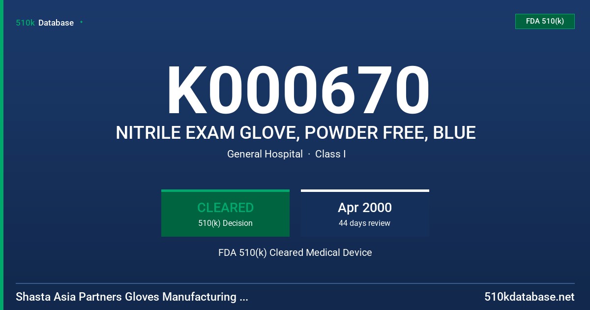 K000670 NITRILE EXAM GLOVE, POWDER FREE, BLUE FDA 510(k) Cleared Medical Device