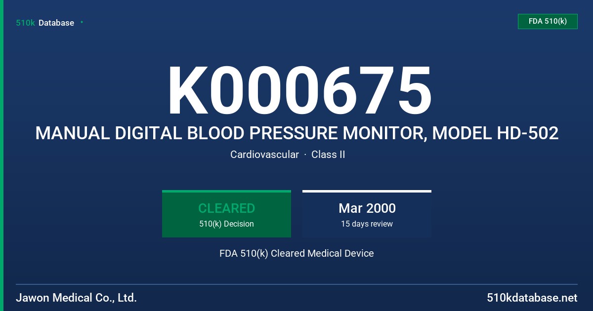 K000675 MANUAL DIGITAL BLOOD PRESSURE MONITOR, MODEL HD-502 FDA 510(k) Cleared Medical Device