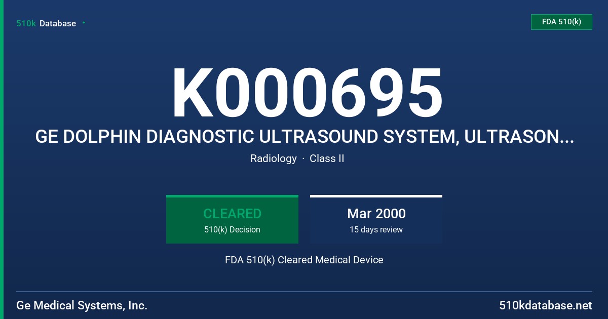 K000695 GE DOLPHIN DIAGNOSTIC ULTRASOUND SYSTEM, ULTRASONIC PULSED DOPPLER IMAGING SYSTEM FDA 510(k) Cleared Medical Device
