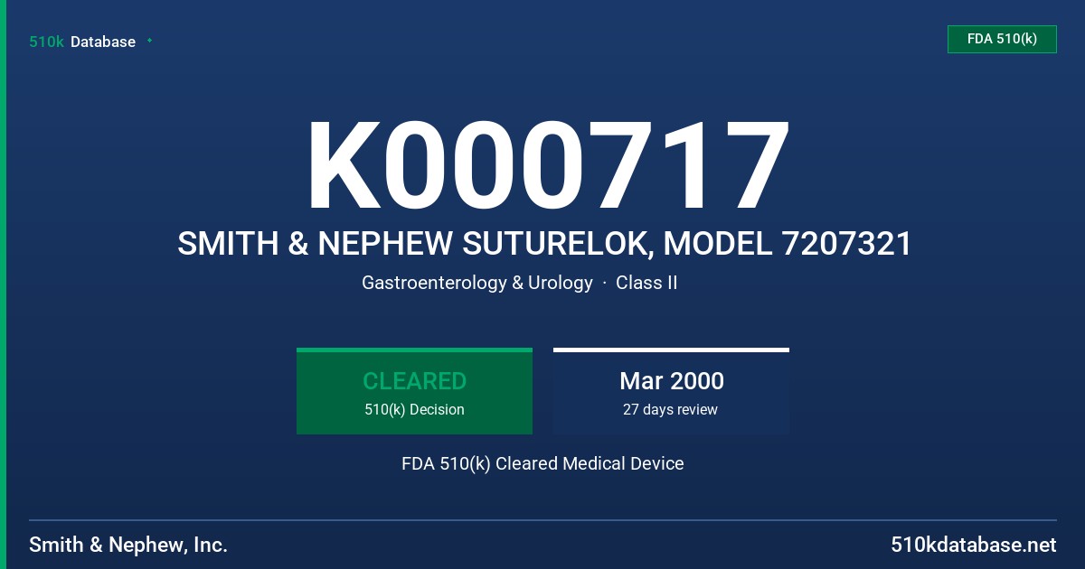 K000717 SMITH & NEPHEW SUTURELOK, MODEL 7207321 FDA 510(k) Cleared Medical Device