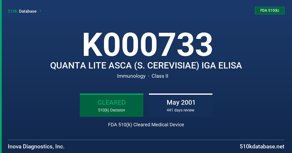 K000733 QUANTA LITE ASCA (S. CEREVISIAE) IGA ELISA FDA 510(k) Cleared Medical Device