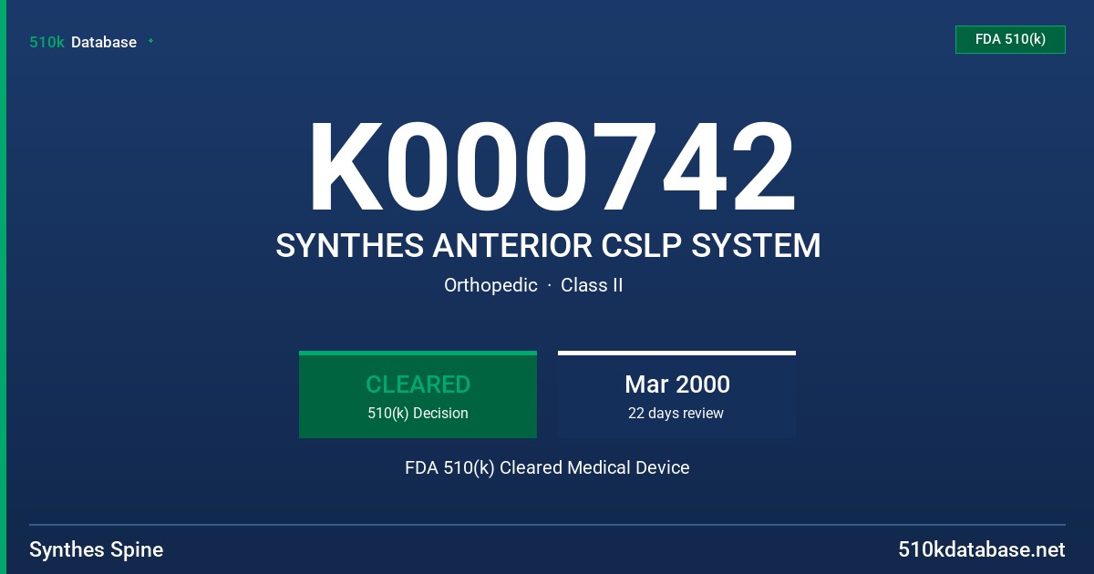 K000742 SYNTHES ANTERIOR CSLP SYSTEM FDA 510(k) Cleared Medical Device