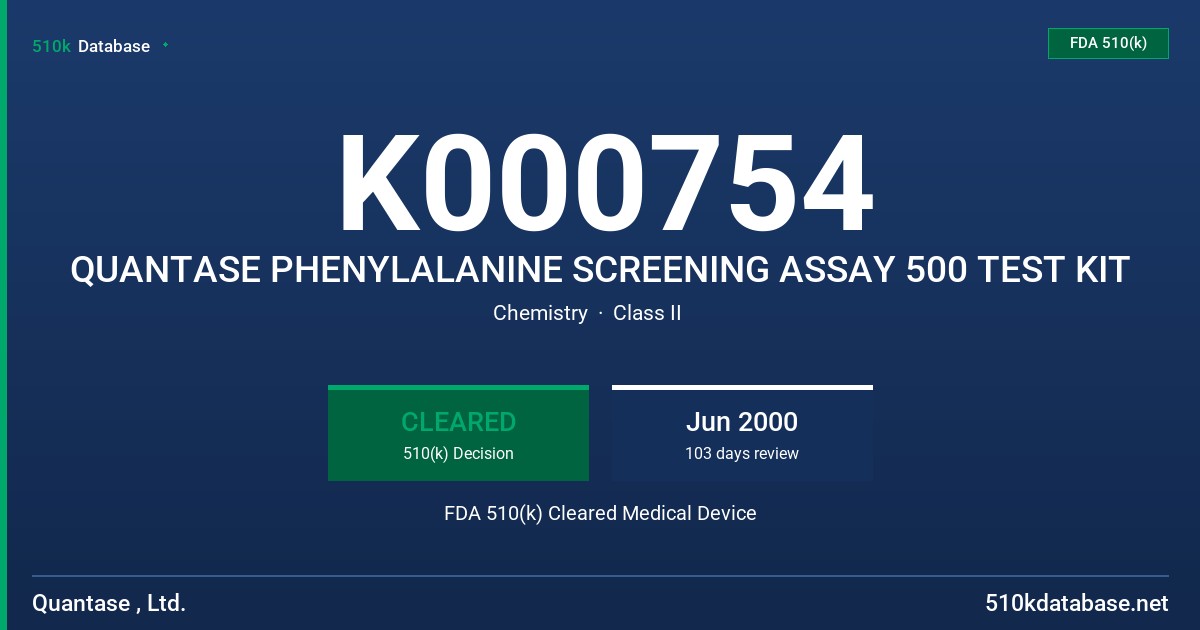 K000754 QUANTASE PHENYLALANINE SCREENING ASSAY 500 TEST KIT FDA 510(k) Cleared Medical Device