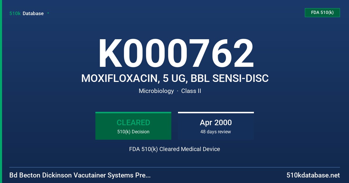 K000762 MOXIFLOXACIN, 5 UG, BBL SENSI-DISC FDA 510(k) Cleared Medical Device