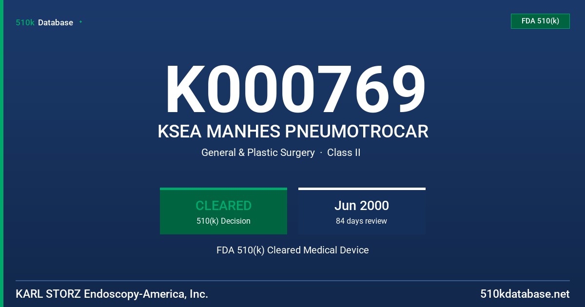 K000769 KSEA MANHES PNEUMOTROCAR FDA 510(k) Cleared Medical Device