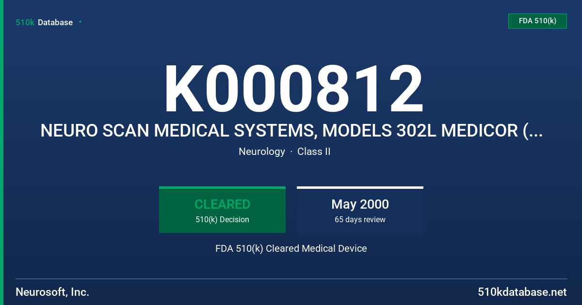 K000812 NEURO SCAN MEDICAL SYSTEMS, MODELS 302L MEDICOR (LABORATORY) AND 302P ADVANTAGE 3000 (PORTABLE) FDA 510(k) Cleared Medical Device