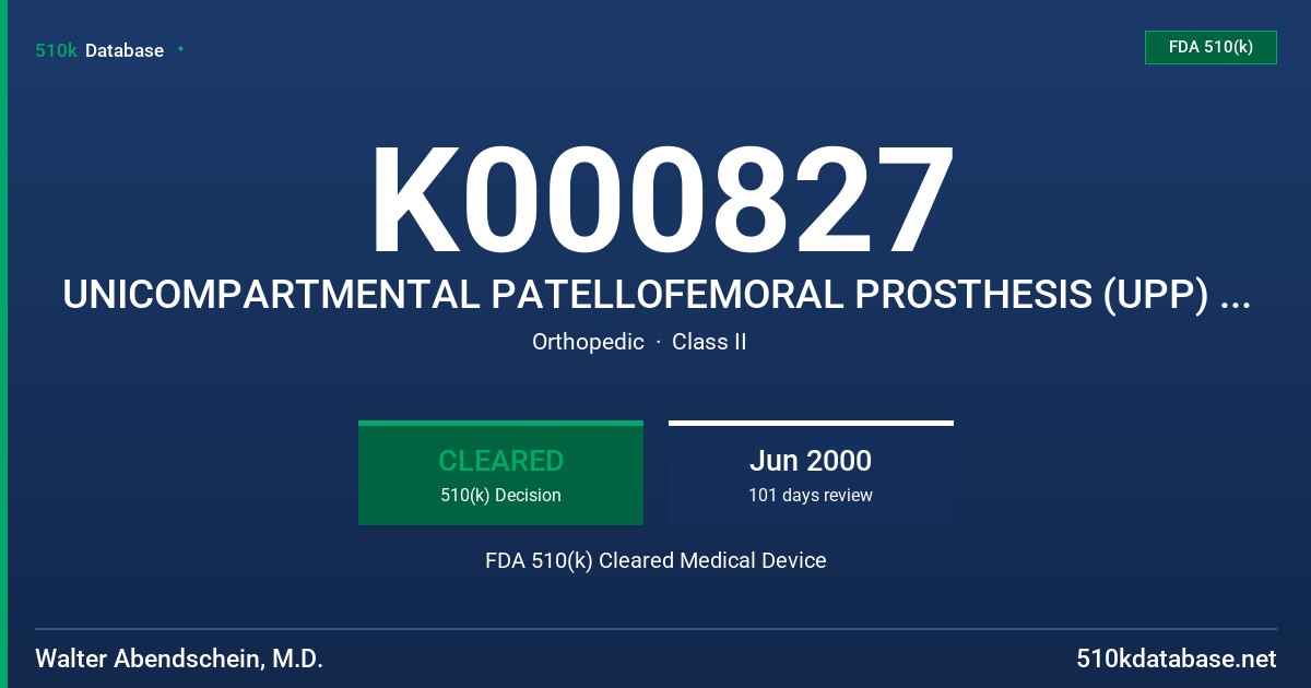 K000827 UNICOMPARTMENTAL PATELLOFEMORAL PROSTHESIS (UPP) CEMENTED FDA 510(k) Cleared Medical Device