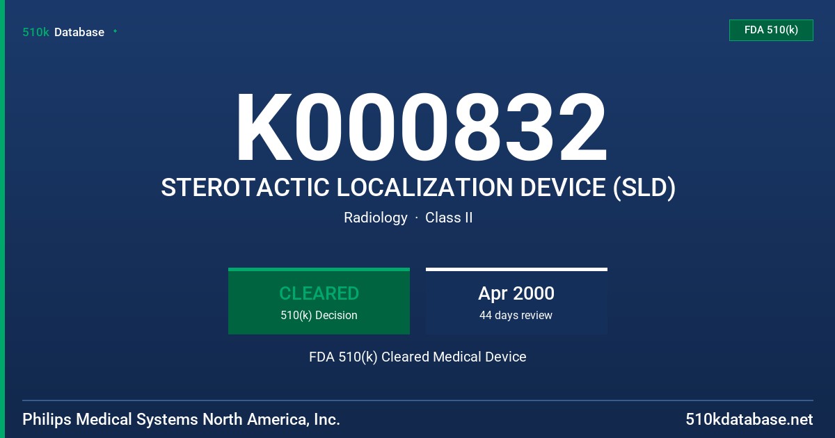 K000832 STEROTACTIC LOCALIZATION DEVICE (SLD) FDA 510(k) Cleared Medical Device