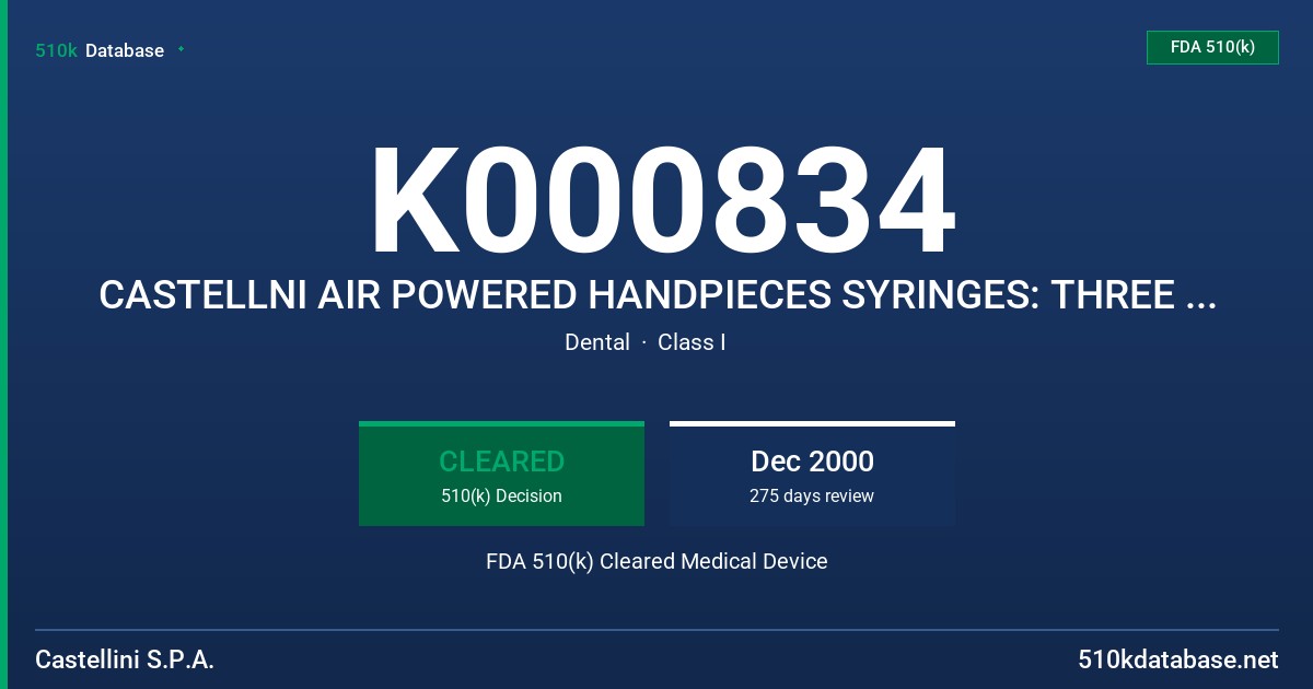 K000834 CASTELLNI AIR POWERED HANDPIECES SYRINGES: THREE STERIL, MULTISTERIL TURBINS: CLEANAIR, CLEANLIGHT MICROMOTORS: IMPLANTO FDA 510(k) Cleared Medical Device