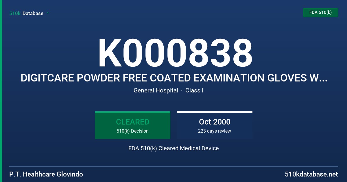 K000838 DIGITCARE POWDER FREE COATED EXAMINATION GLOVES WITH PROTEIN CONTENT LABELING CLAIM (50 MICROGRAMS OR LESS) FDA 510(k) Cleared Medical Device