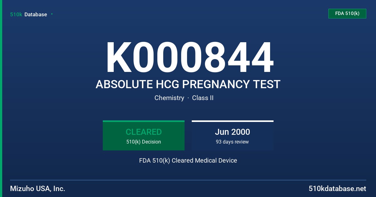 K000844 ABSOLUTE HCG PREGNANCY TEST FDA 510(k) Cleared Medical Device