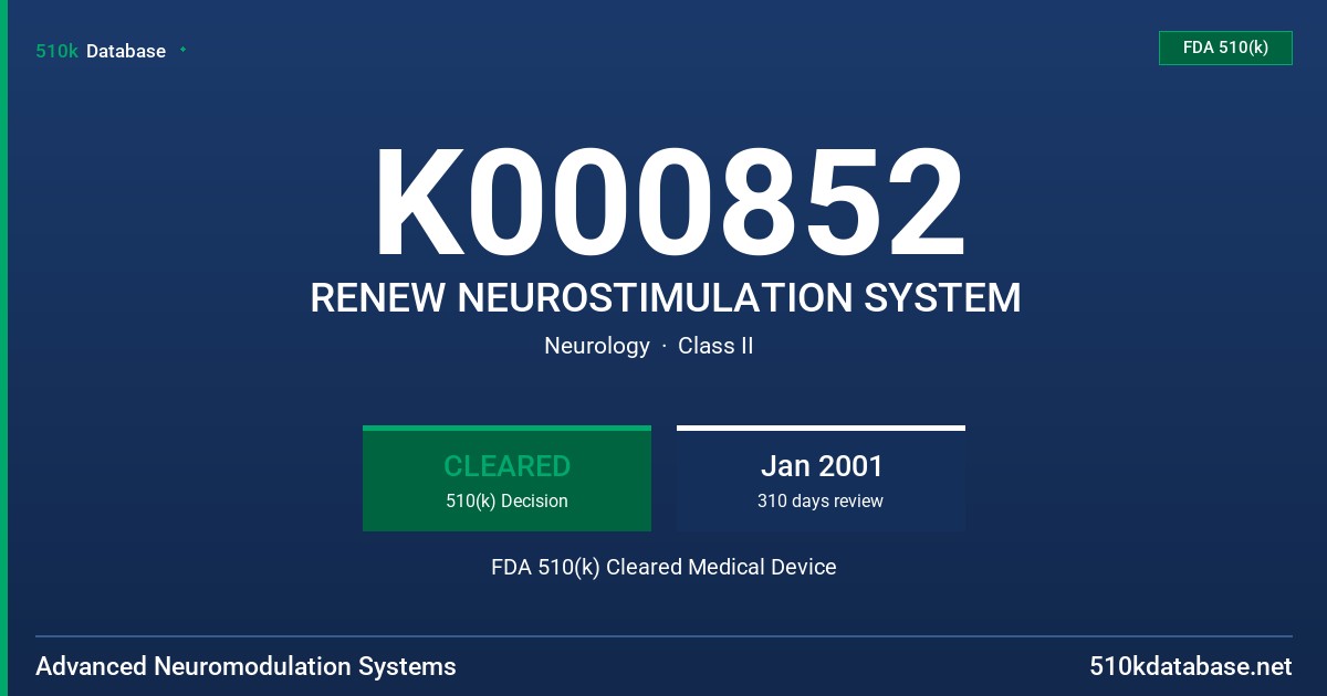 K000852 RENEW NEUROSTIMULATION SYSTEM FDA 510(k) Cleared Medical Device