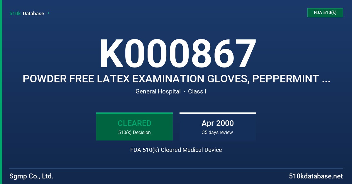K000867 POWDER FREE LATEX EXAMINATION GLOVES, PEPPERMINT SCENTED (CONTAINS 50 MCGM OR LESS OF TOTAL WATER EXTRACTABLE PROTEIN GR FDA 510(k) Cleared Medical Device