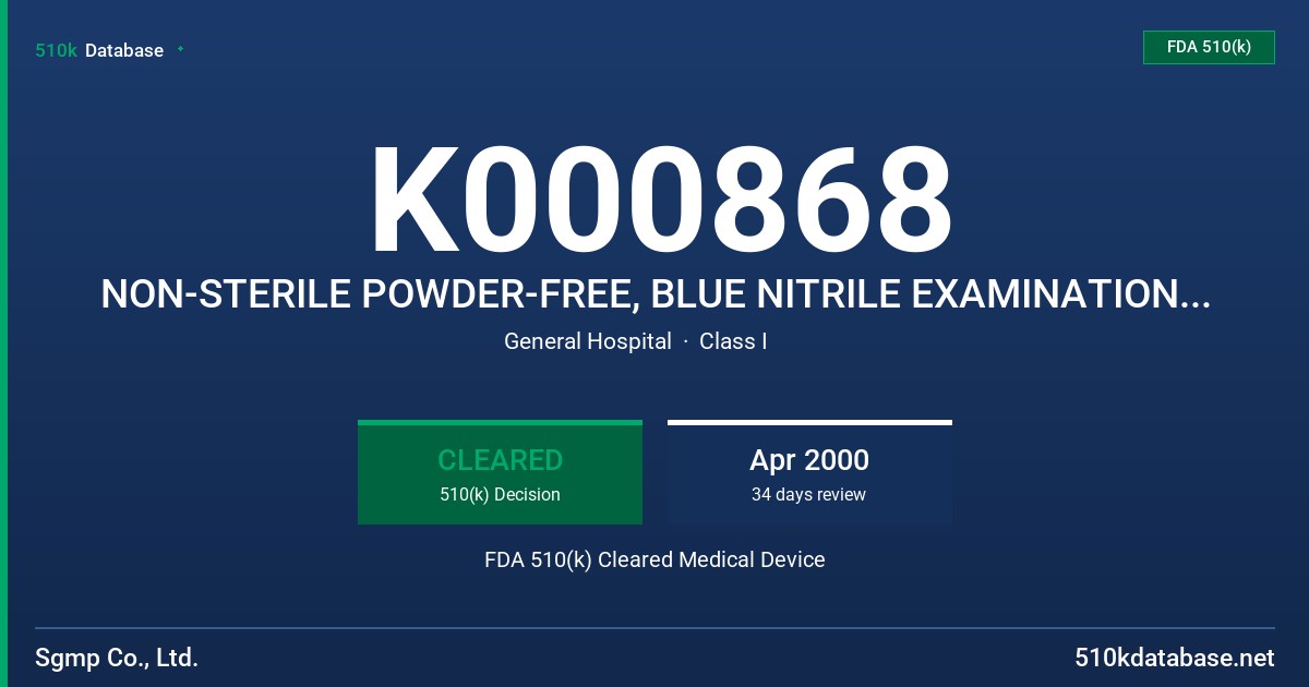 K000868 NON-STERILE POWDER-FREE, BLUE NITRILE EXAMINATION GLOVES FDA 510(k) Cleared Medical Device