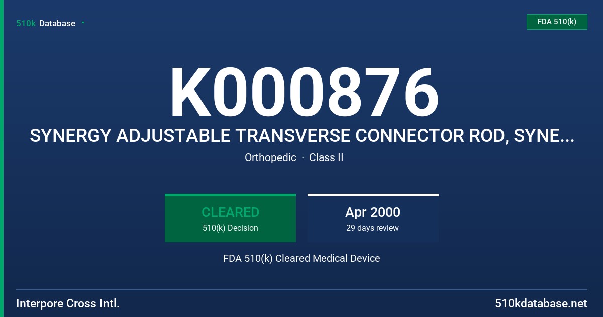 K000876 SYNERGY ADJUSTABLE TRANSVERSE CONNECTOR ROD, SYNERGY ADJUSTABLE TRANSVERSE CONNECTOR LAMP FDA 510(k) Cleared Medical Device