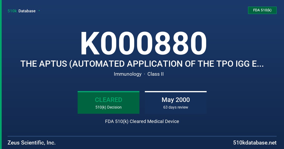 K000880 THE APTUS (AUTOMATED APPLICATION OF THE TPO IGG ELISA TEST SYSTEM. AN ENZYME LINKED IMMUNOSORBENT ASSAY (ELISA) FOR THE FDA 510(k) Cleared Medical Device
