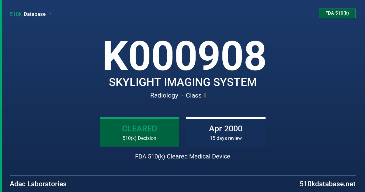 K000908 SKYLIGHT IMAGING SYSTEM FDA 510(k) Cleared Medical Device