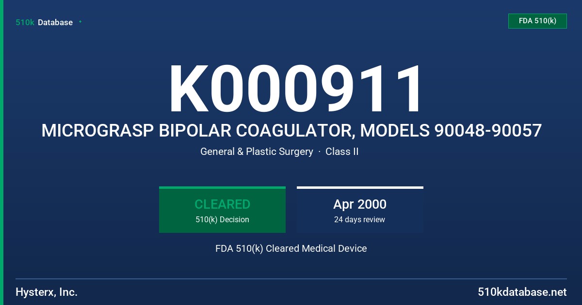 K000911 MICROGRASP BIPOLAR COAGULATOR, MODELS 90048-90057 FDA 510(k) Cleared Medical Device