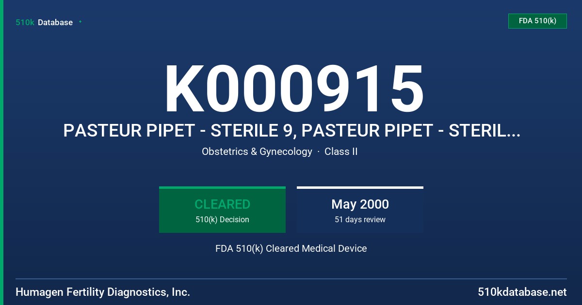 K000915 PASTEUR PIPET - STERILE 9, PASTEUR PIPET - STERILE 5 3/4, MODELS 16-PP-9, 16-PP-5.75 FDA 510(k) Cleared Medical Device