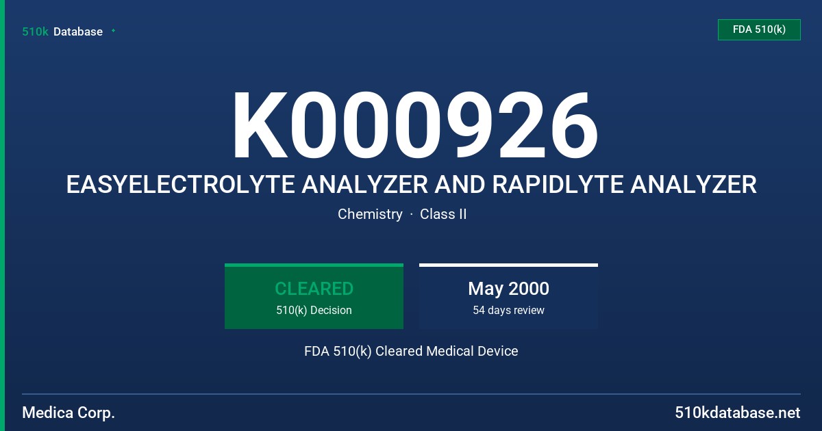 K000926 EASYELECTROLYTE ANALYZER AND RAPIDLYTE ANALYZER FDA 510(k) Cleared Medical Device