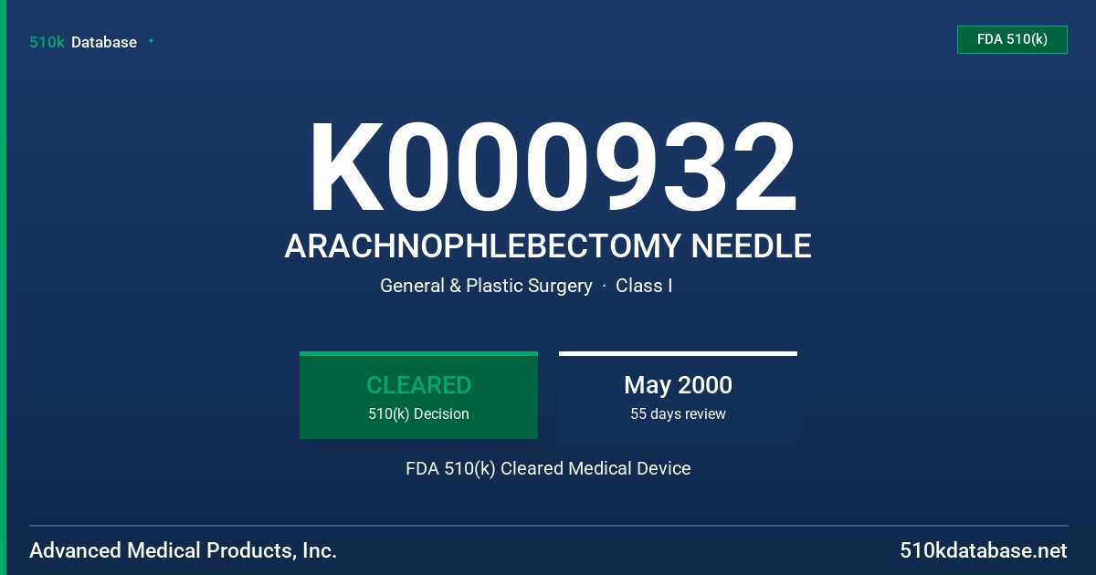 K000932 ARACHNOPHLEBECTOMY NEEDLE FDA 510(k) Cleared Medical Device