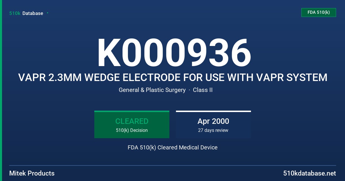 K000936 VAPR 2.3MM WEDGE ELECTRODE FOR USE WITH VAPR SYSTEM FDA 510(k) Cleared Medical Device