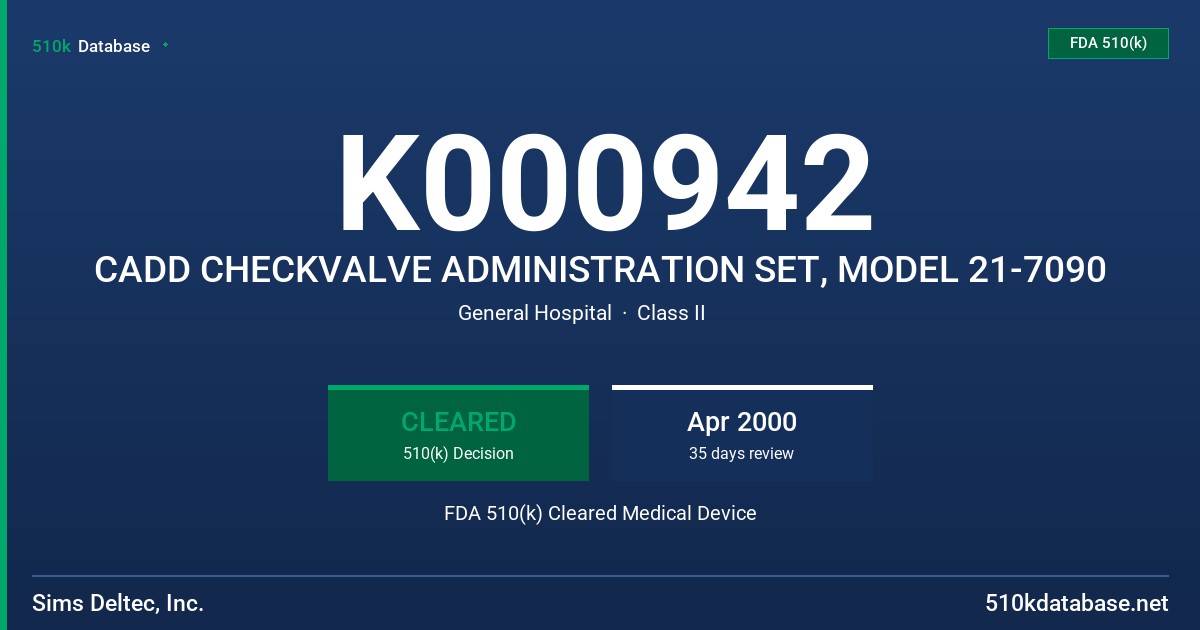 K000942 CADD CHECKVALVE ADMINISTRATION SET, MODEL 21-7090 FDA 510(k) Cleared Medical Device