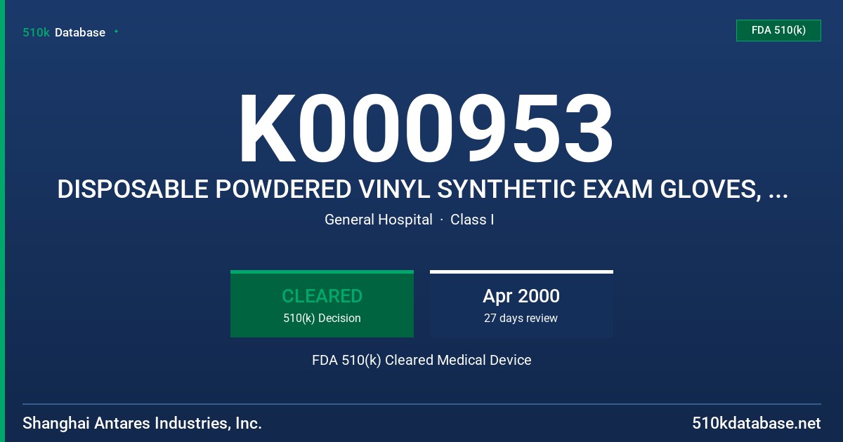 K000953 DISPOSABLE POWDERED VINYL SYNTHETIC EXAM GLOVES, WHITE COLOR FDA 510(k) Cleared Medical Device