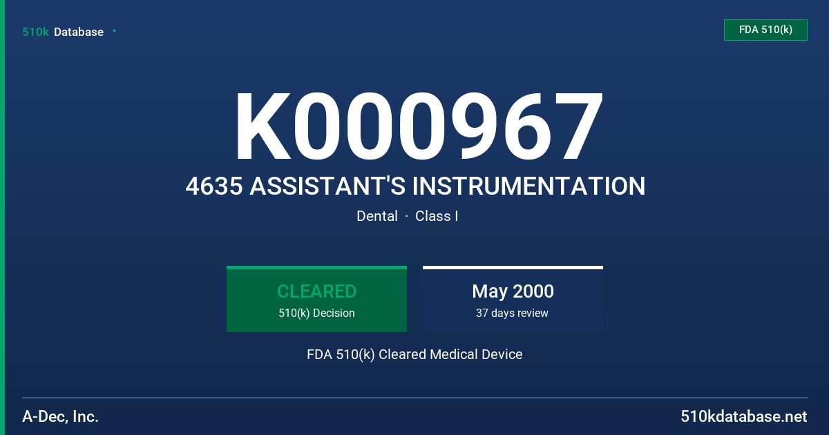 K000967 4635 ASSISTANT'S INSTRUMENTATION FDA 510(k) Cleared Medical Device