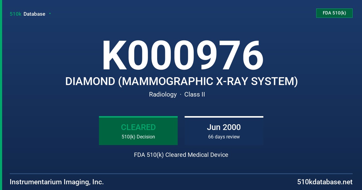 K000976 DIAMOND (MAMMOGRAPHIC X-RAY SYSTEM) FDA 510(k) Cleared Medical Device