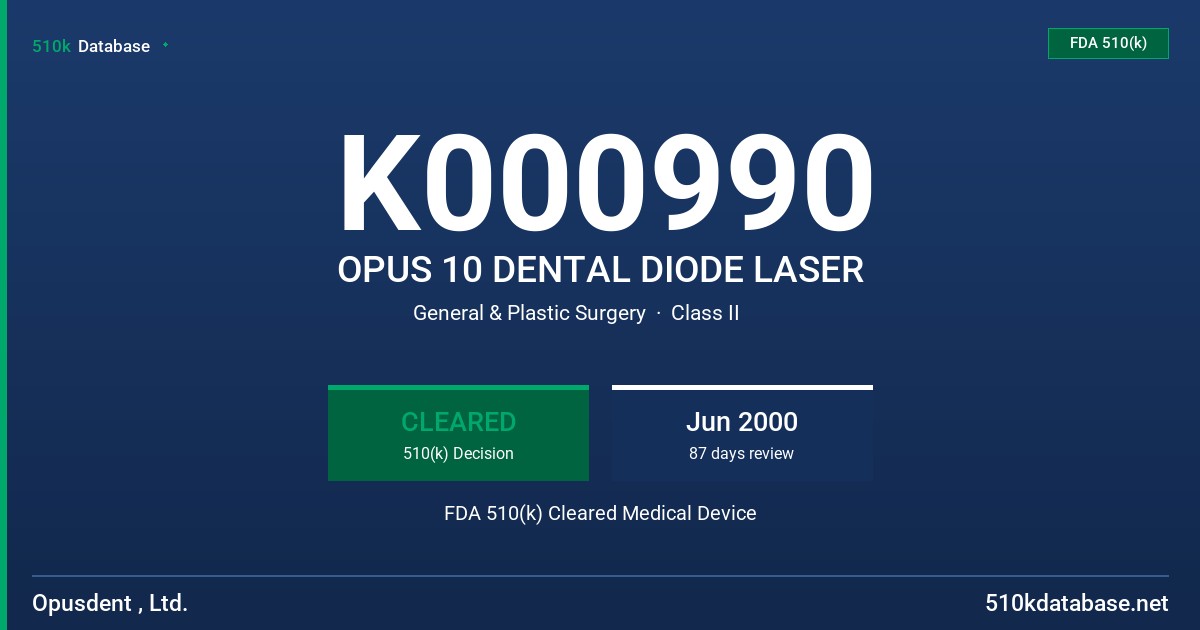 K000990 OPUS 10 DENTAL DIODE LASER FDA 510(k) Cleared Medical Device