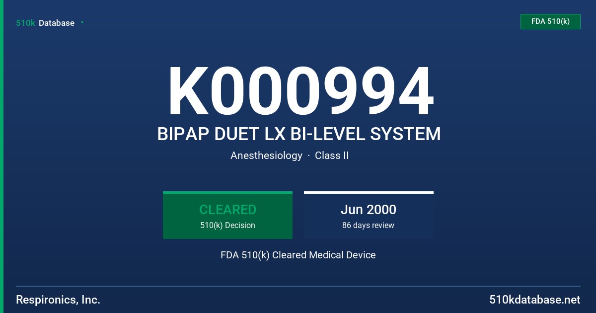 K000994 BIPAP DUET LX BI-LEVEL SYSTEM FDA 510(k) Cleared Medical Device