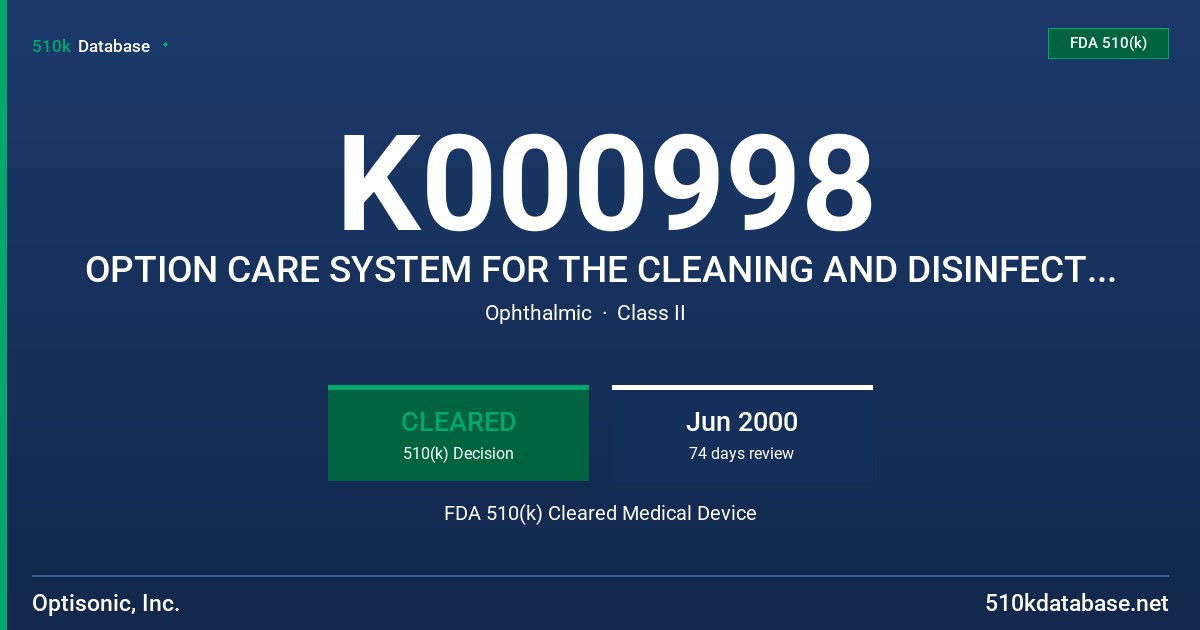 K000998 OPTION CARE SYSTEM FOR THE CLEANING AND DISINFECTING OF SOFT (HYDROPHILIC) CONTACT LENSES FDA 510(k) Cleared Medical Device
