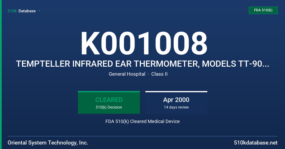 K001008 TEMPTELLER INFRARED EAR THERMOMETER, MODELS TT-901, TT-911 AND TT-921 FDA 510(k) Cleared Medical Device
