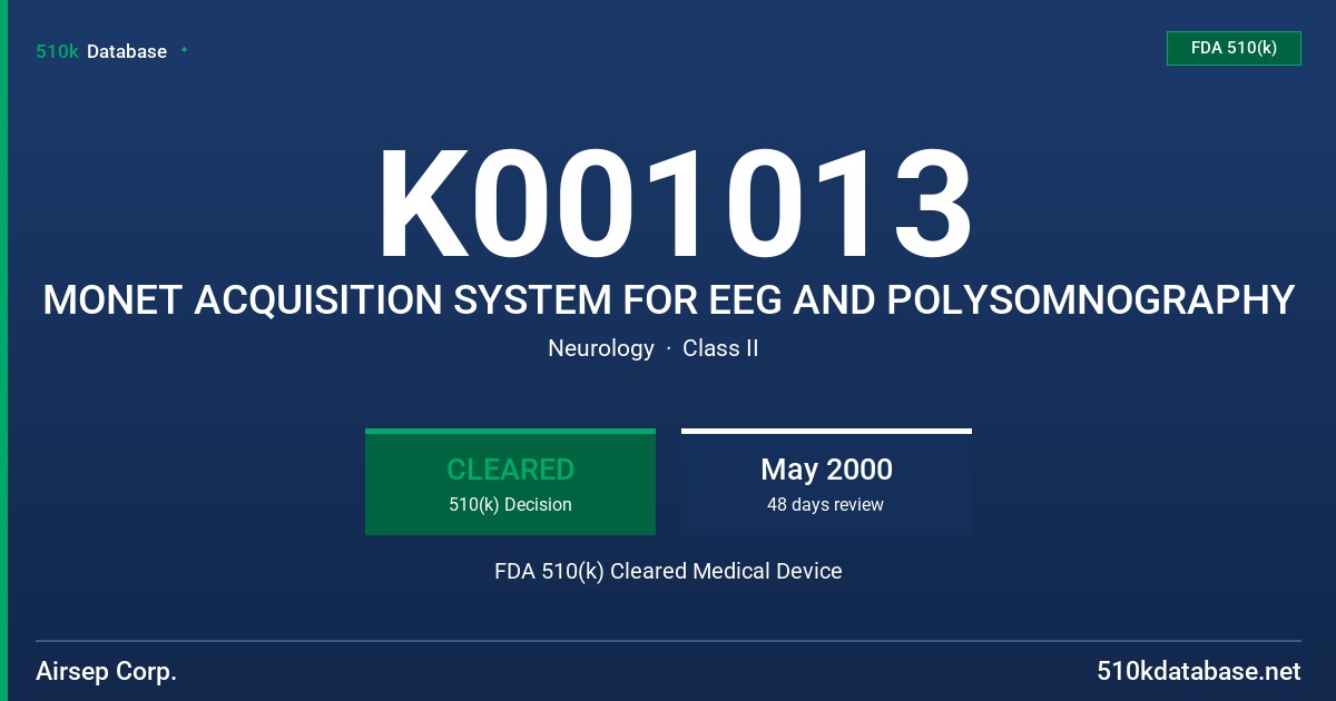 K001013 MONET ACQUISITION SYSTEM FOR EEG AND POLYSOMNOGRAPHY FDA 510(k) Cleared Medical Device
