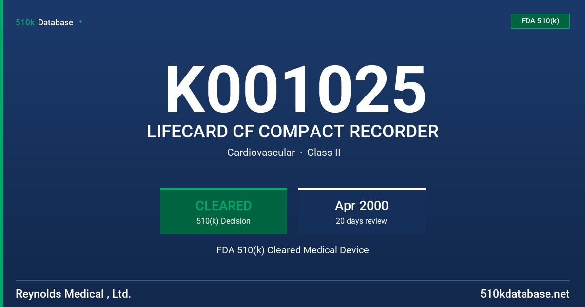 K001025 LIFECARD CF COMPACT RECORDER FDA 510(k) Cleared Medical Device
