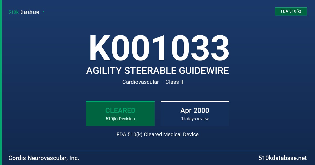 K001033 AGILITY STEERABLE GUIDEWIRE FDA 510(k) Cleared Medical Device