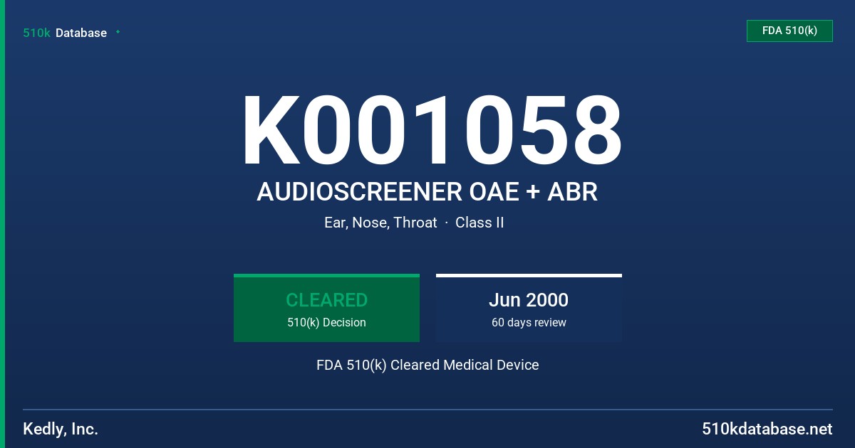 K001058 AUDIOSCREENER OAE + ABR FDA 510(k) Cleared Medical Device