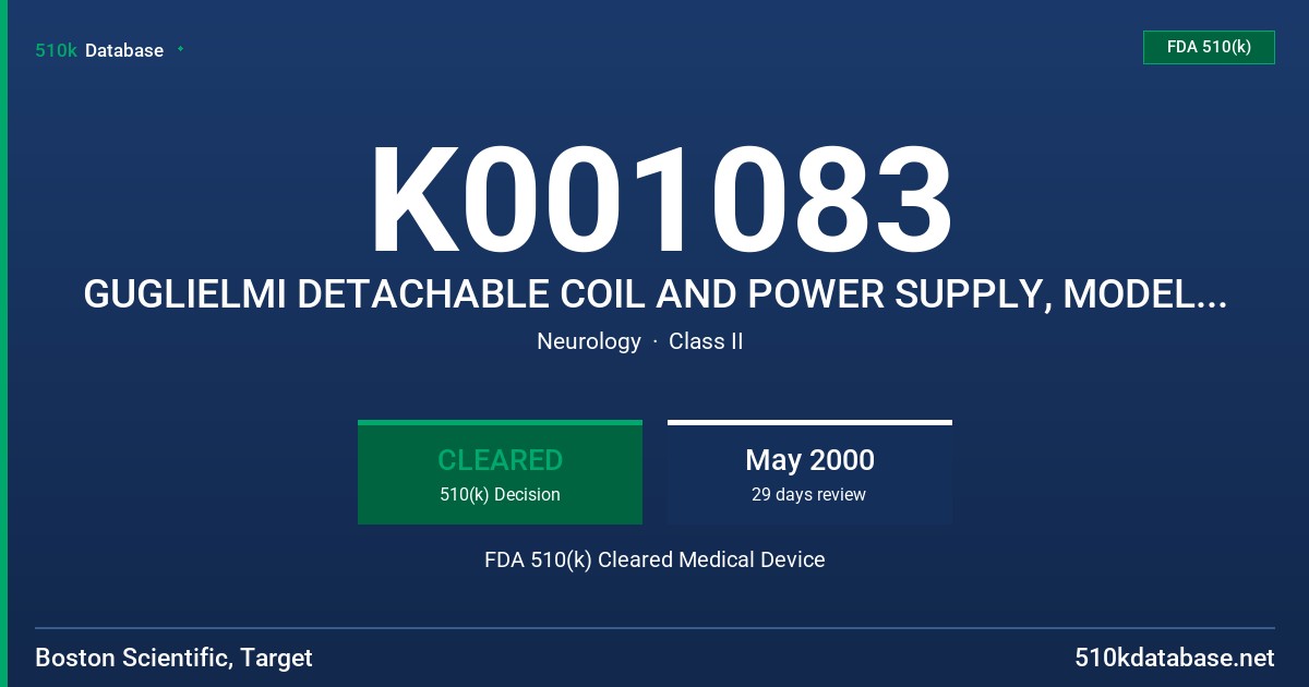 K001083 GUGLIELMI DETACHABLE COIL AND POWER SUPPLY, MODELS POWER SUPPLY : 451006-4 FDA 510(k) Cleared Medical Device
