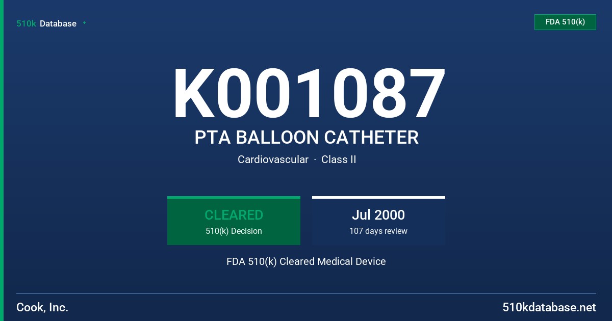 K001087 PTA BALLOON CATHETER FDA 510(k) Cleared Medical Device